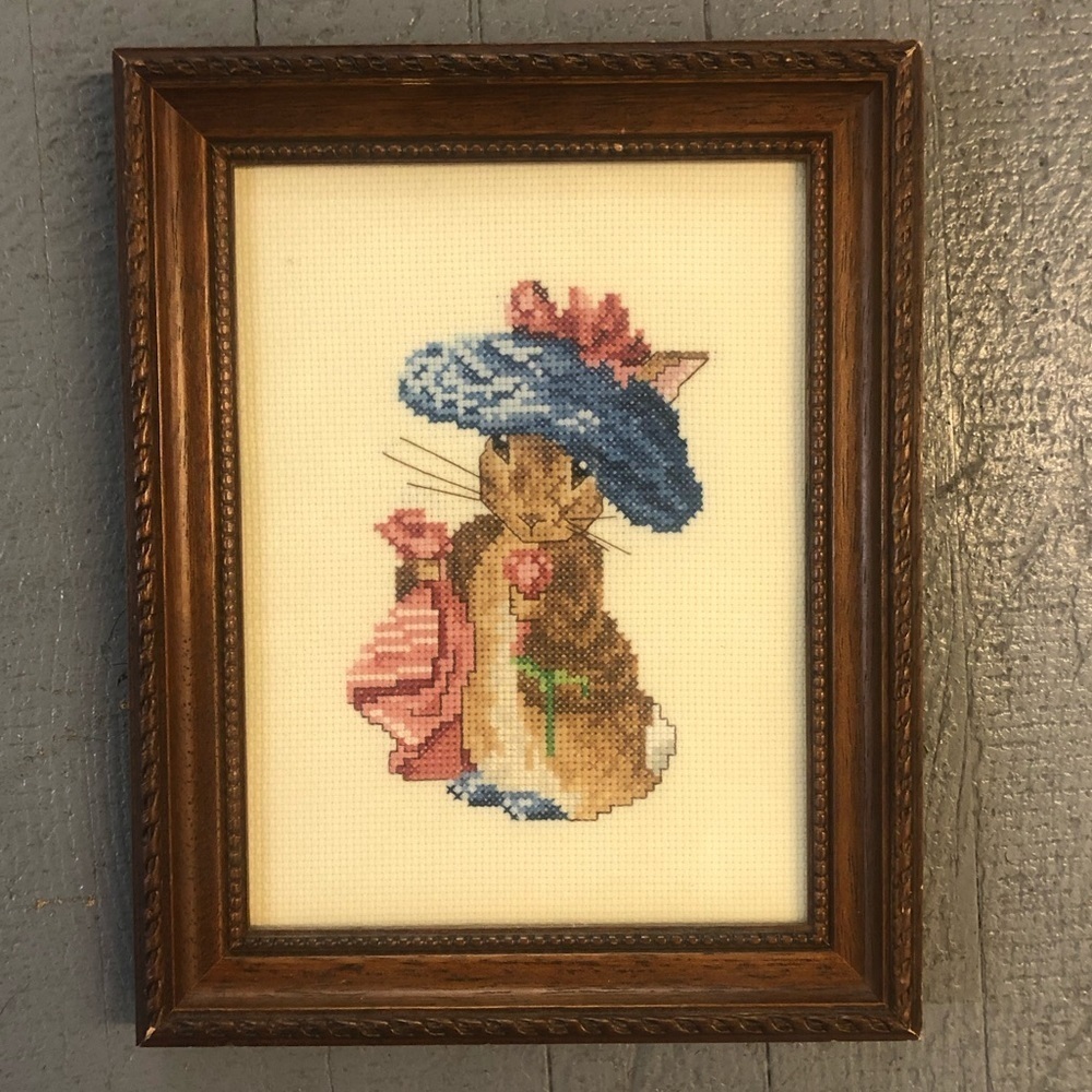 Vintage Hand Made Framed Cross Stitch of a Sweet Bunny Rabbit 9.75”H